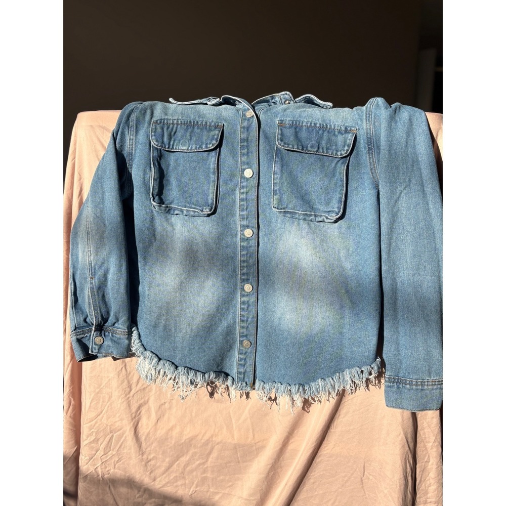 One5One Denim Jacket 100% Cotton Plus 2X Frayed Raw Hem Button Front Shirt - Picture 3 of 11